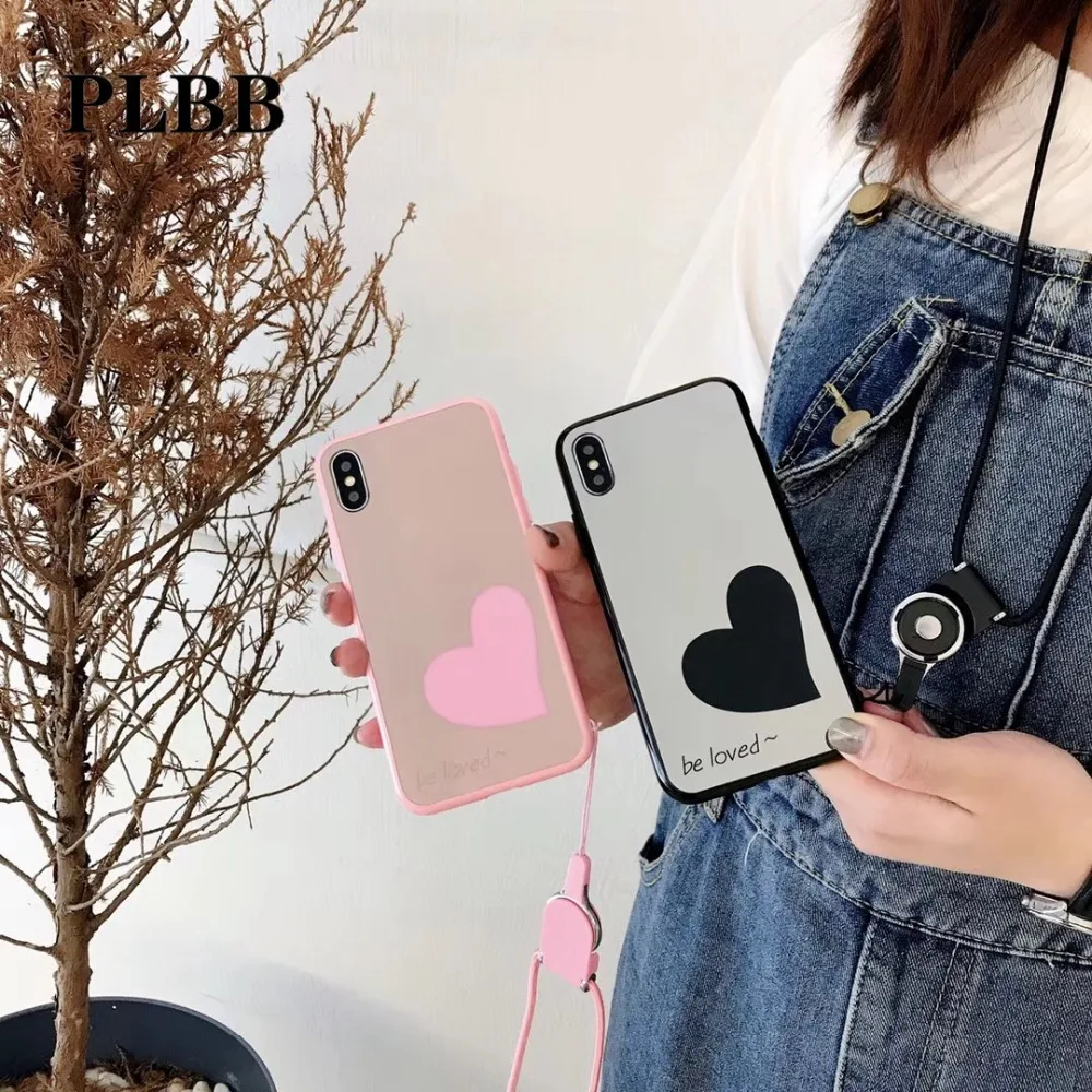 PLBB Luxury Acrylic Mirror Lover Heart Geometric Soft TPU Phone Coque Cover Case for iPhone X Xs Max XR 6 6S 7 8 Plus + Landyard | Мобильные