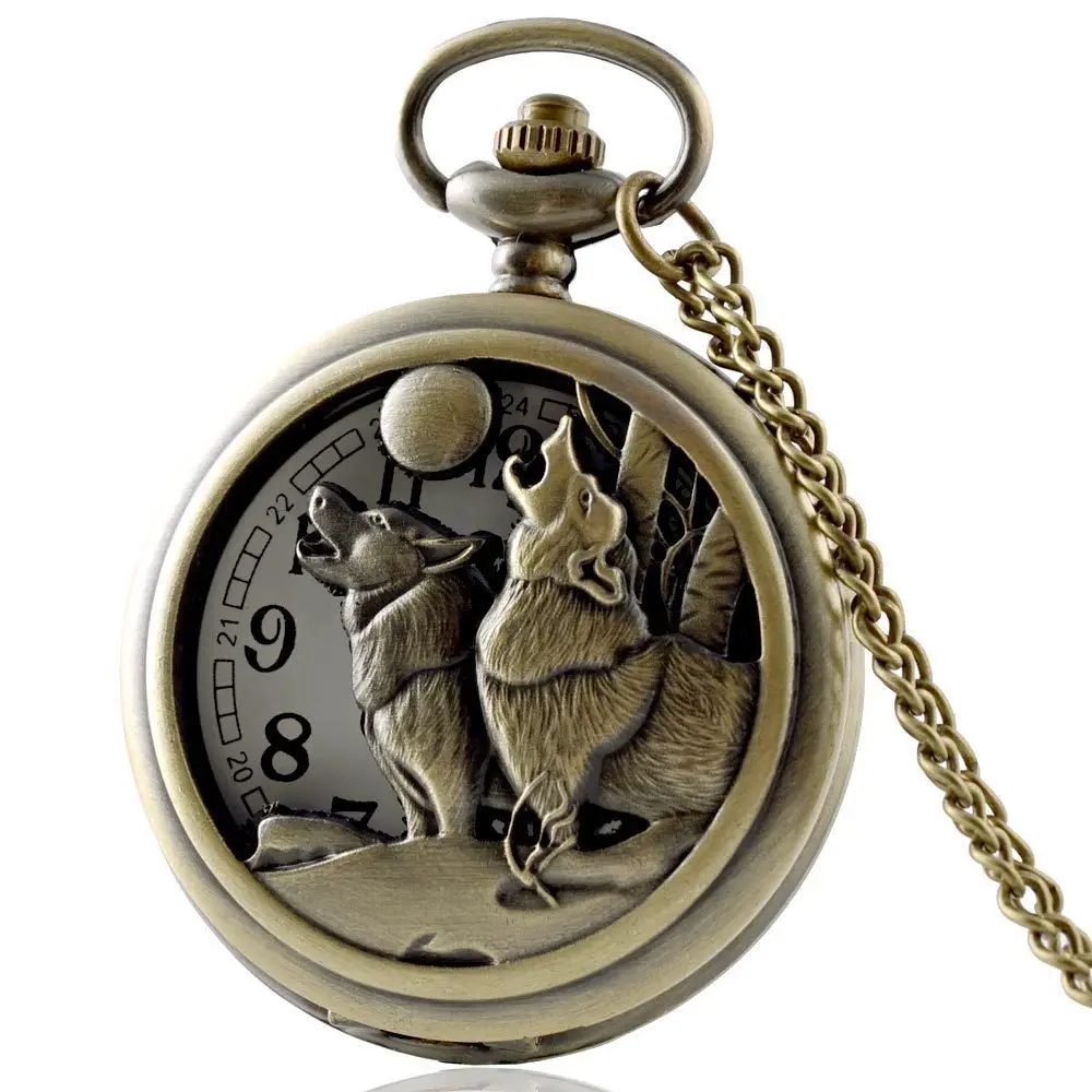 

IBEINA Bronze Fox Theme Full Hunter Quartz Engraved Fob Retro Pendant Pocket Watch Chain Gift