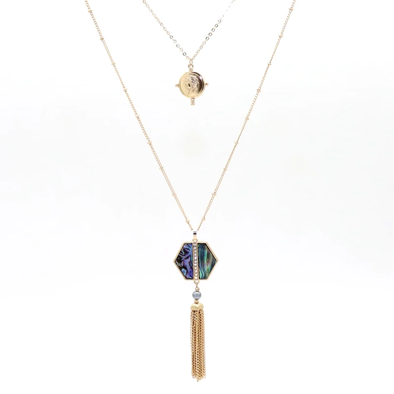 Fashion Square Hexagon Abalone Shell Pendant Metal Tassels Long Chain Sweater Necklace Geometric Body Jewelry | Украшения и