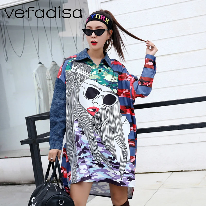 Vefadisa для женщин Freehand эскизов мультфильм девушка Dissymmetry блузка Осень 2018 г. печати