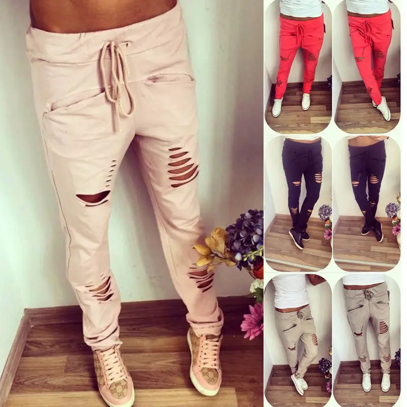 High Waist Skinny Fashion Jeans for Women Hole Ripped Slit Punk Vintage Girls Slim Lace Up Denim Pencil Pants | Женская одежда