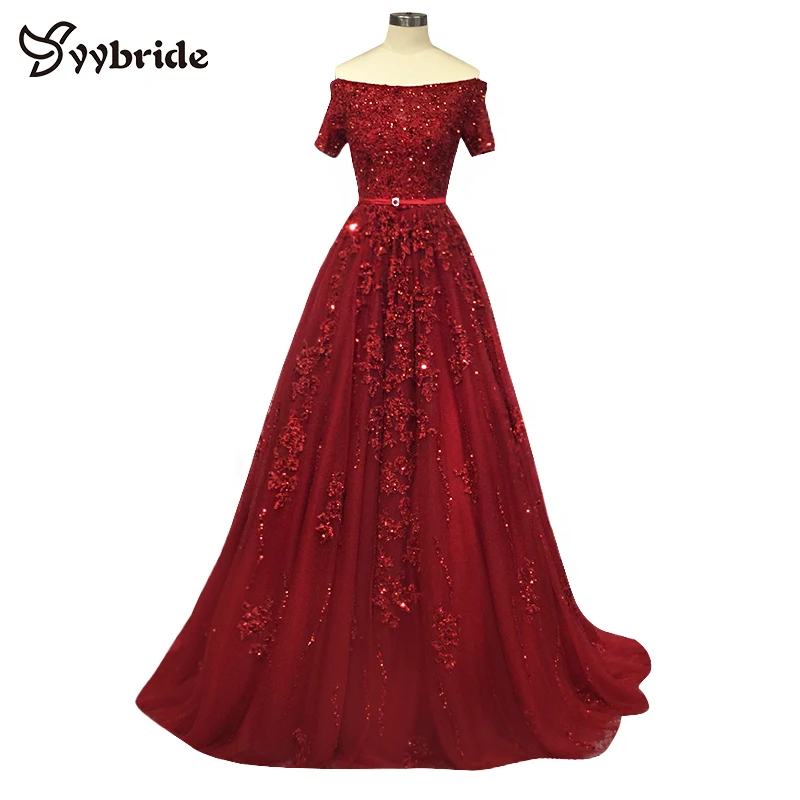 

YYbride Red Lace Beading Prom Dresses Boat Neck Short Cap Sleeves Formal Evening A-Line Appliques Chapel Trian Evening Dresses
