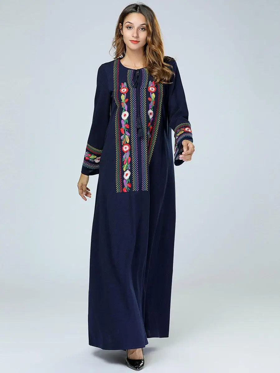 Женское длинное платье макси Abaya этническое кафтан мусульманское с вышивкой
