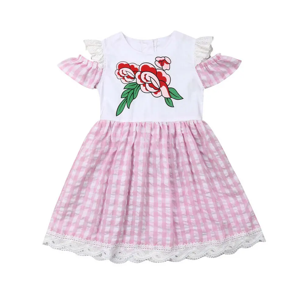 Летнее платье принцессы с открытыми плечами и цветочным кружевом в клетку для