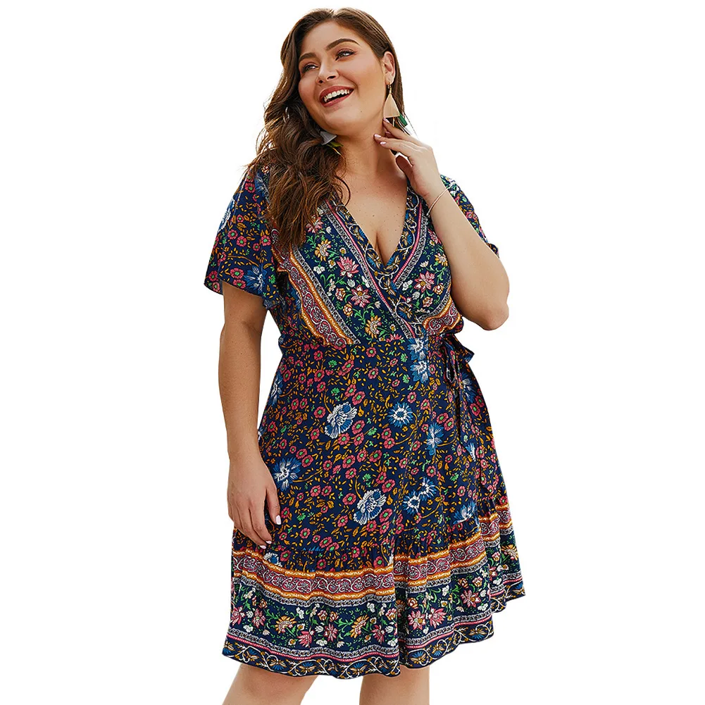 MagicPark XL-4XL Women Summer Dress Original Design Boho A Line Short Sleeve Plus Size Bandage Floral Print Clothes For | Женская одежда