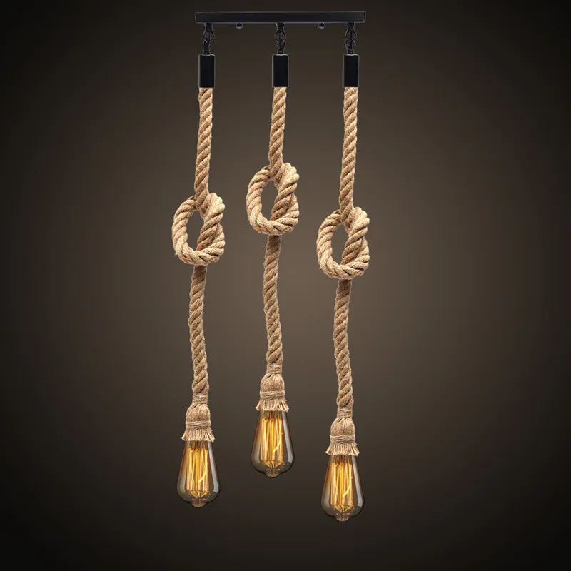 

E27 Retro Three Head Hemp Rope Pendant Lamp Bulb Holder Hanging Light Fixture For Country Vintage Industrial Style Home Decor