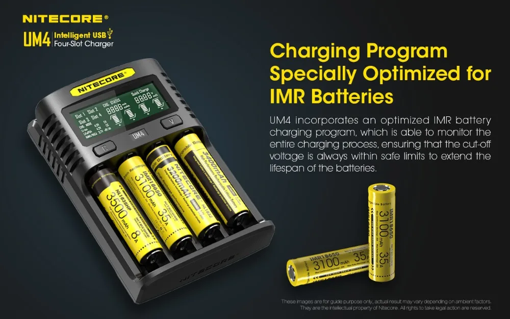NITECORE UM4 Intelligent USB 4 Slot Charger LCD Display Multiple Input Sources Available for Li-ion/IMR/INR/ICR/LiFePO4 battery |