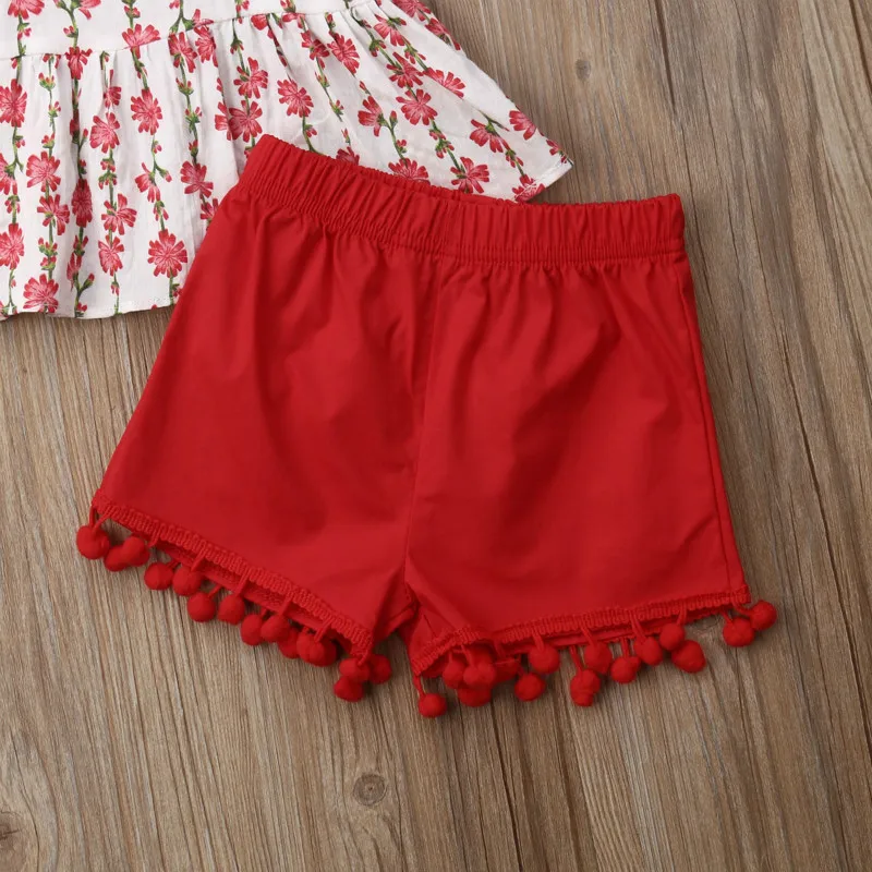 Toddler Kids Baby Bibs Girls Children Clothing Set Cotton Floral Colorful Cute T-shirt Tops+ Solid Red Shorts Outfits 2PCS | Детская