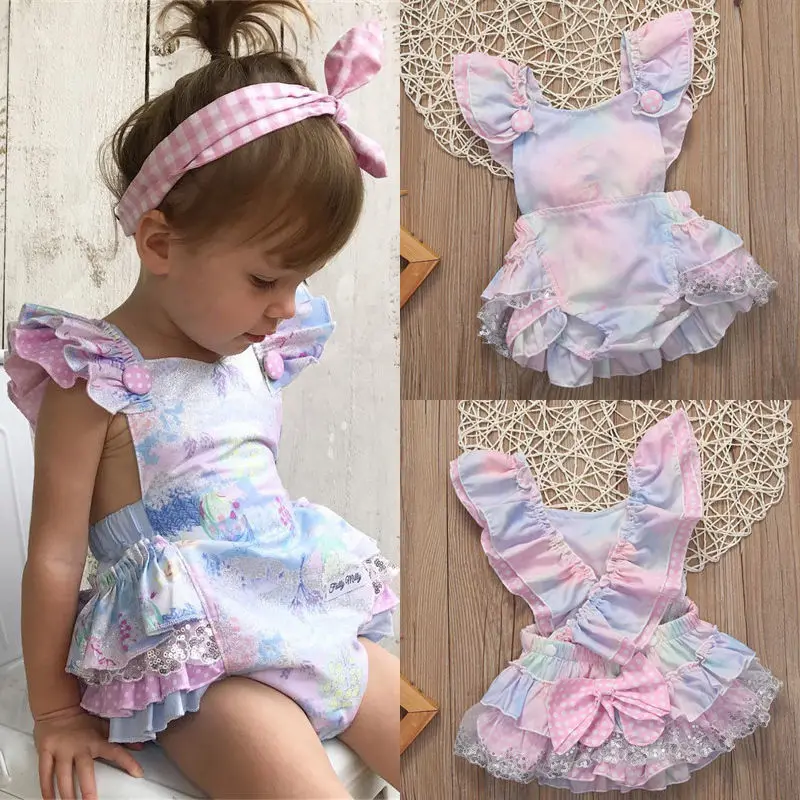 

Newborn Baby Girls Tie-dye Romper Lace Decor Ruffle Fly Sleeves Square Neck Jumpsuit with Bowknot Outfits Sunsuit Tutu Clothes