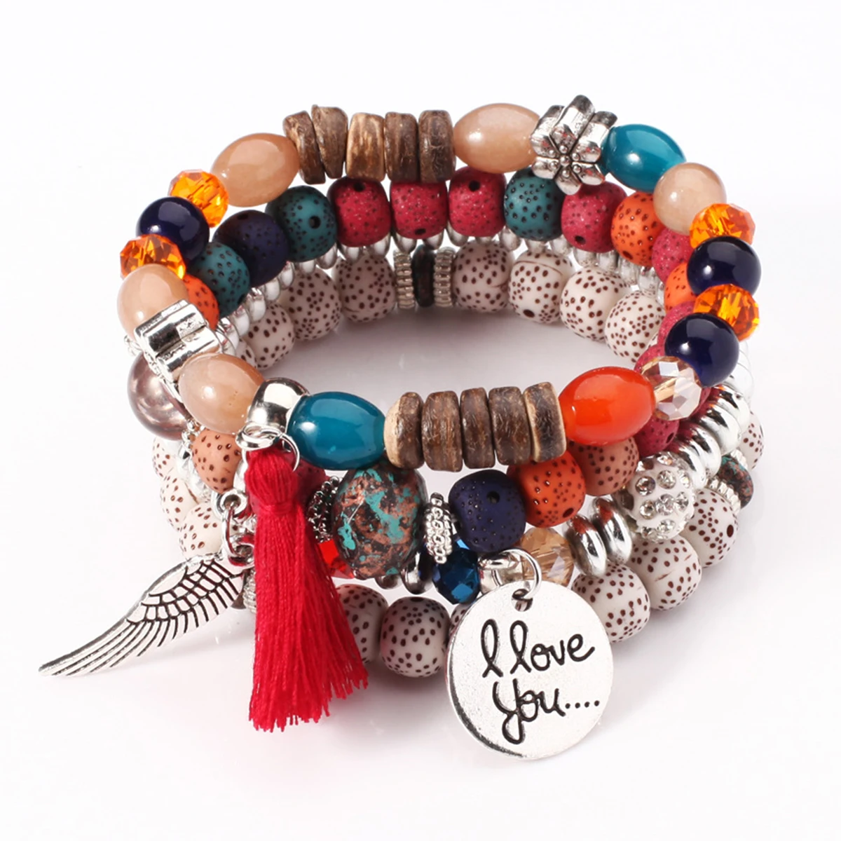 4pcs Set Bohemian I Love You Wing Tassel Beaded Bracelet for Women Adjustable Flower Colorful Stone Bangle Jewelry For Femme | Украшения и