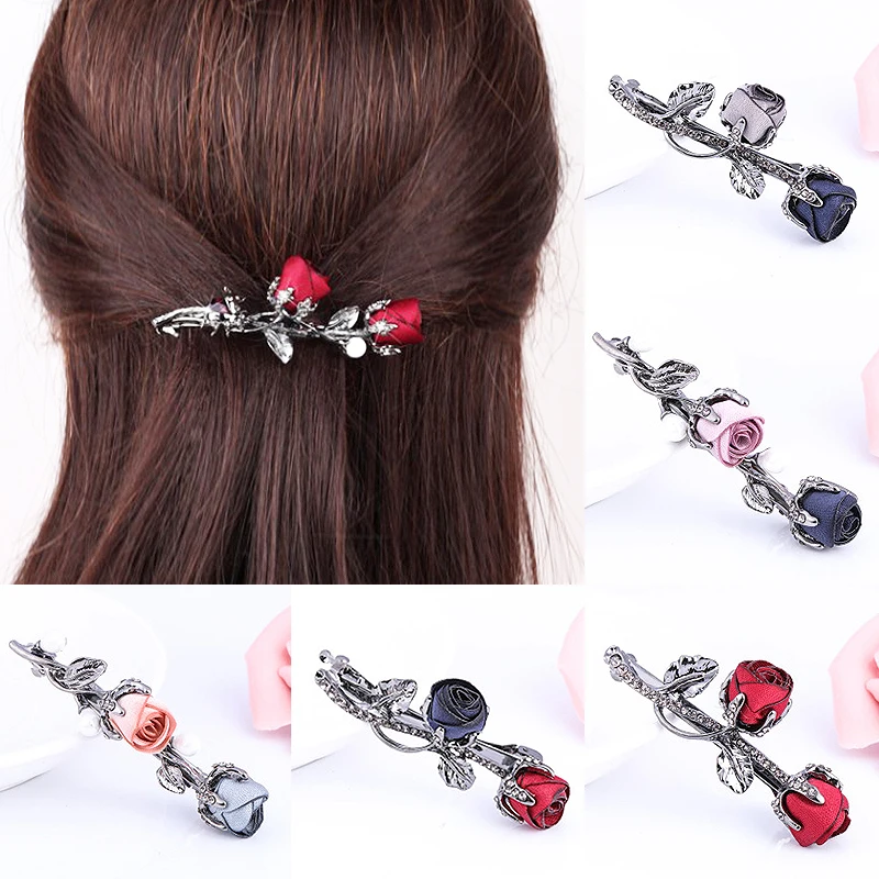 

Rose Flower Crystal Hairpin Hair Clips Rhinestone Leaf Hair Pin Elegant Female Girl Hairpins Ponytail Holder Hair Accessories