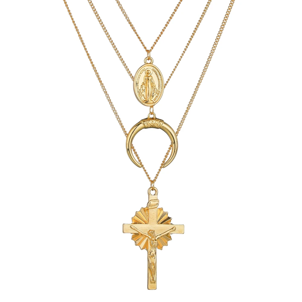 Gold Color Cross Rose Pendants Neckalces For Women Girls Multi Layer Flower Choker Necklace Long Beaded Chain Moon Chokers | Украшения и