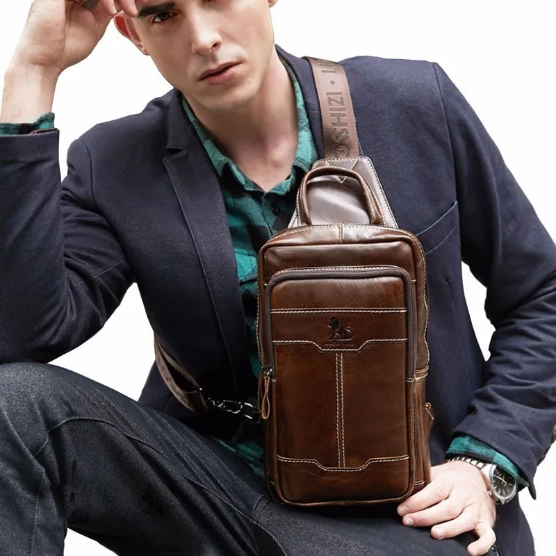 

Vintage Back Pack Genuine Leather Sling Bag for Men Shoulder Bag Cross Body Chest Bags Outdoor Hiking Fashion Daypacks