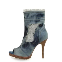 sexy women retro denim cloth floral lace patchwork ankle boots peep toe spring female gladiator thin high heels short boots