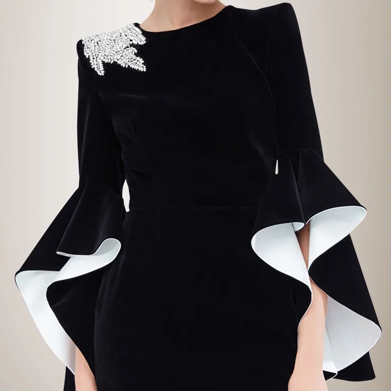 TWOTWINSTYLE Elegant Party Dresses Female Flare Long Sleeve Diamonds Irregular Mini Dress For Women 2020 Autumn Fashion New | Женская