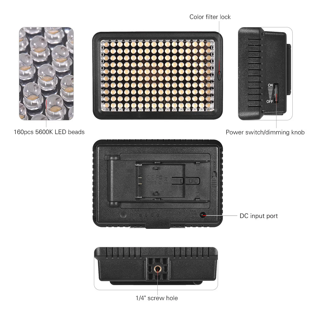 Professional Dimmable LED Video Light 12W 5600K 160pcs Beads Photography Fill CRI 95+ with Color Filters for DSLR Camera | Электроника
