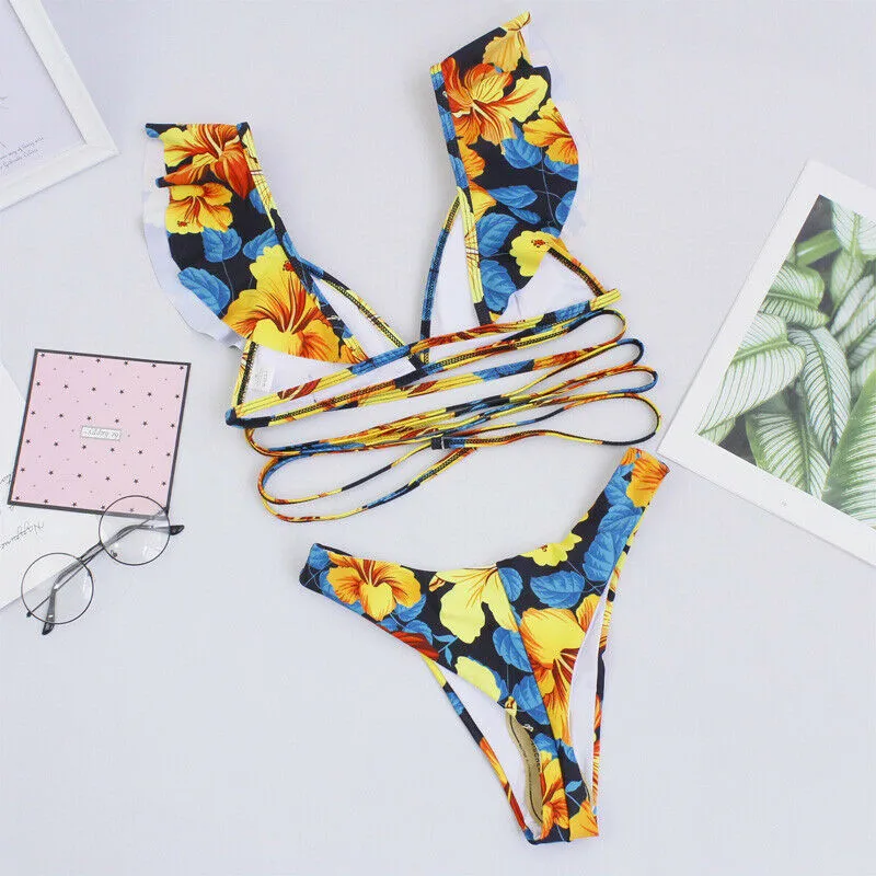 Женский купальник с оборками пуш-ап треугольный низкой талией сексуальный