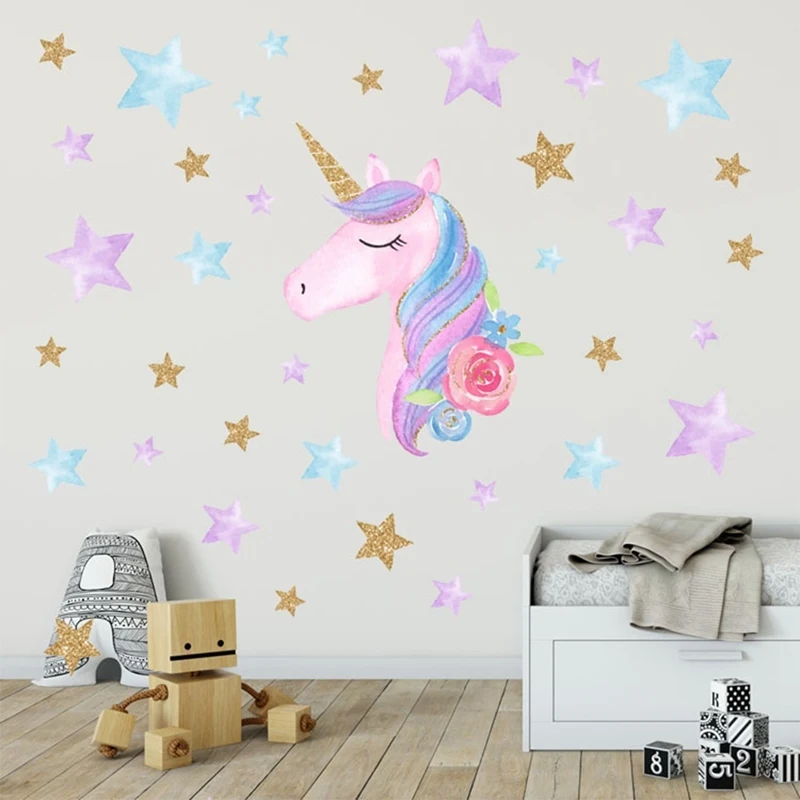 Cartoon Cute Unicorns Star Heart Wall Stickers Wallpaper DIY Vinyl Home Decals Kids Living Room Bedroom Girls Decor | Дом и сад