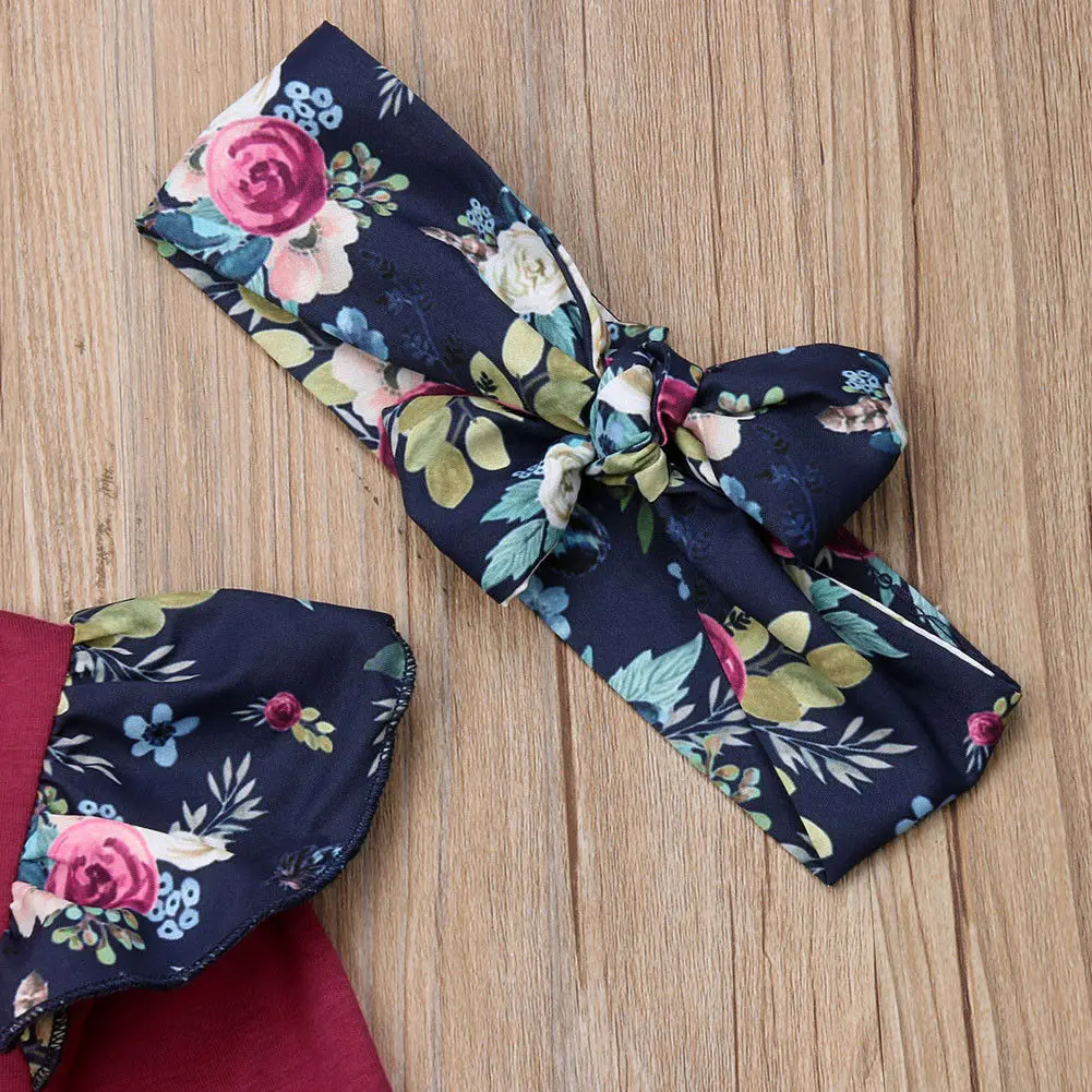 Newborn Toddler Kids Baby Girls Clothes 3PCS Ruffles Long Sleeve Solid Romper Tops+Floral Print Shorts+Headband | Детская одежда и