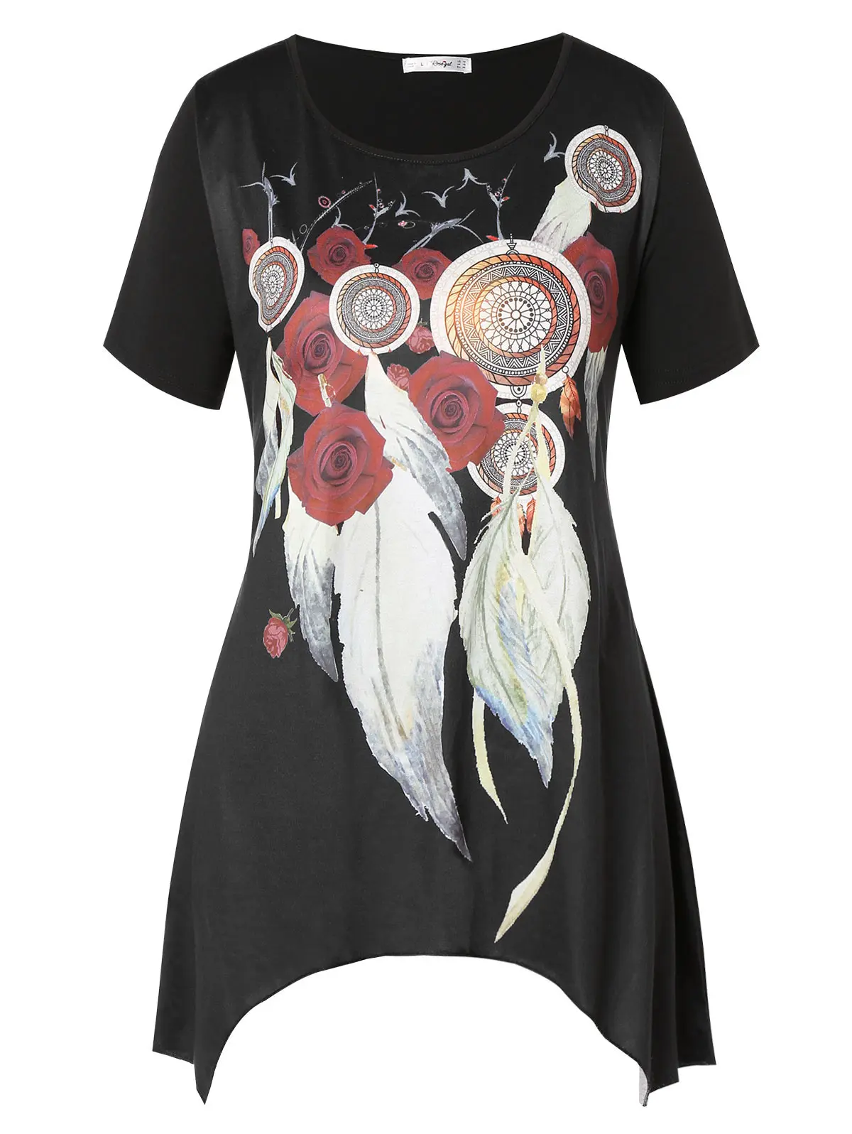 Фото Женская Асимметричная футболка большого размера 5XL с перьями и цветочным принтом