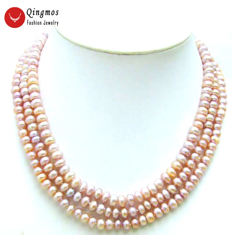 

Qingmos White Natural Freshwater Pearl Necklace for Women with Necklace 6-7mm Flat Round 3 Strand Pearl Chokers 17" Jewelry 5199