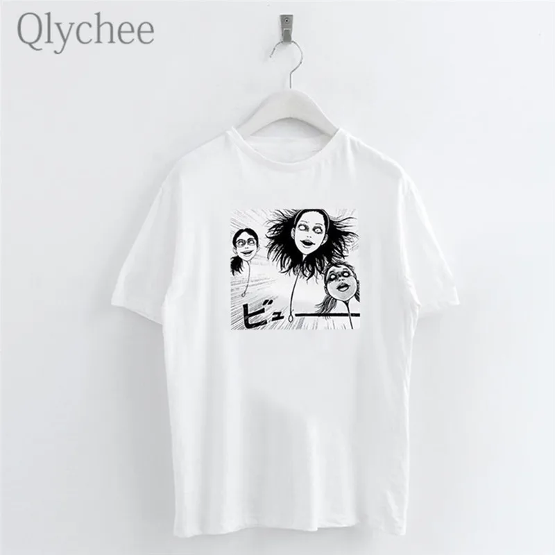 Женская белая футболка Qlychee Harajuku Dark с принтом головы аниме вырезом лодочкой и