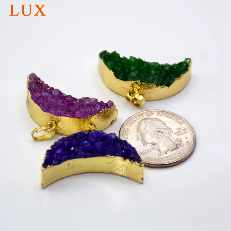 Crystal Quartz Moon Druzy Pendant Rainbow Stone Charm with gold bezel double horn jewelry | Украшения и аксессуары