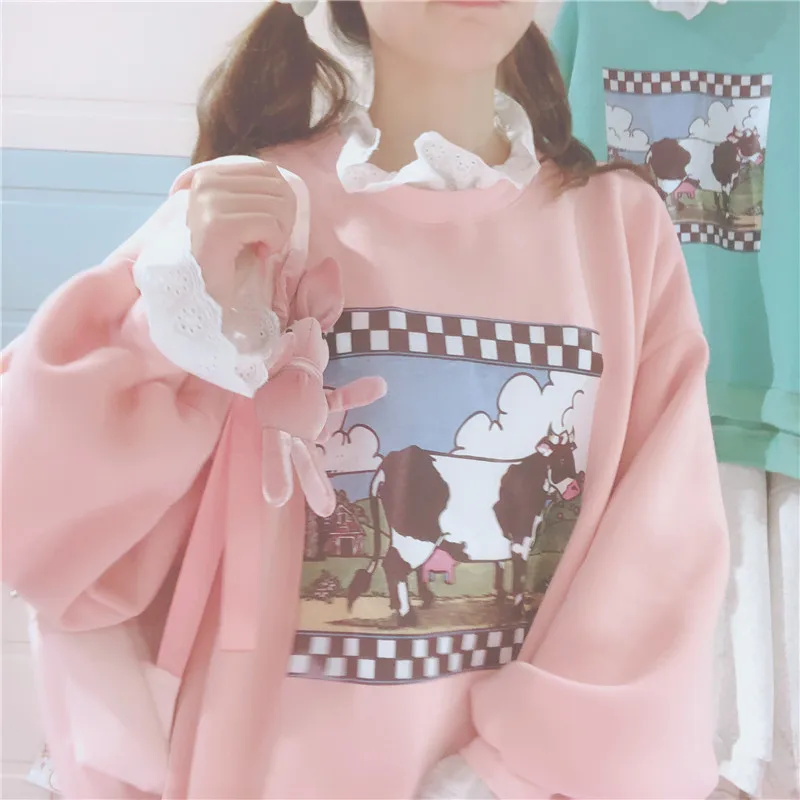 Kawaii/женские толстовки с кружевной вышивкой толстый бархат Корейская Мягкая