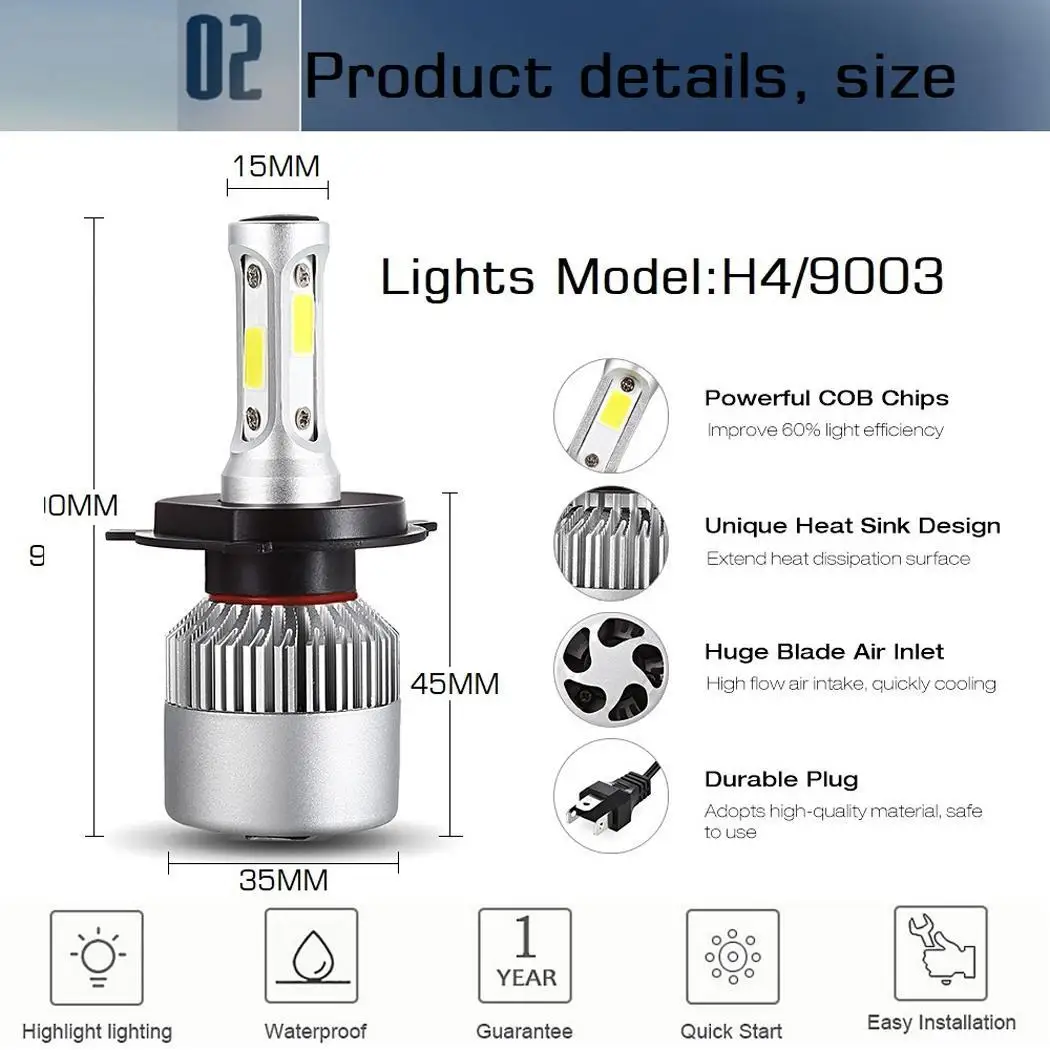 H4 9003 HB2 Авто 6000K мощный Plug and Play COB светодиодный-40 ~ + 80 градусов по Цельсию