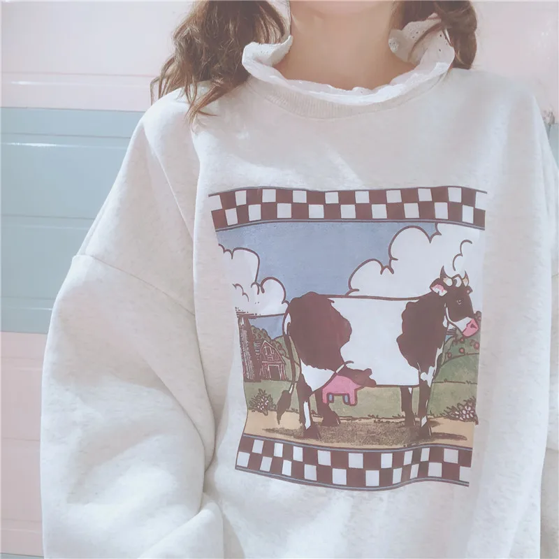 Kawaii/женские толстовки с кружевной вышивкой толстый бархат Корейская Мягкая