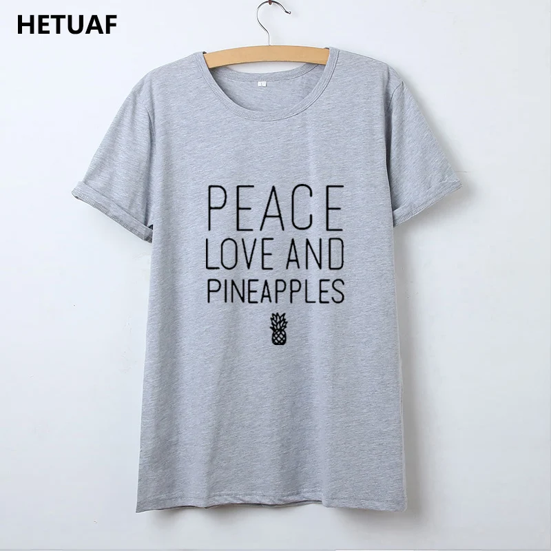 HETUAF Женская хлопчатобумажная рубашка Peace Love и ананасы Графический Футболка Femme