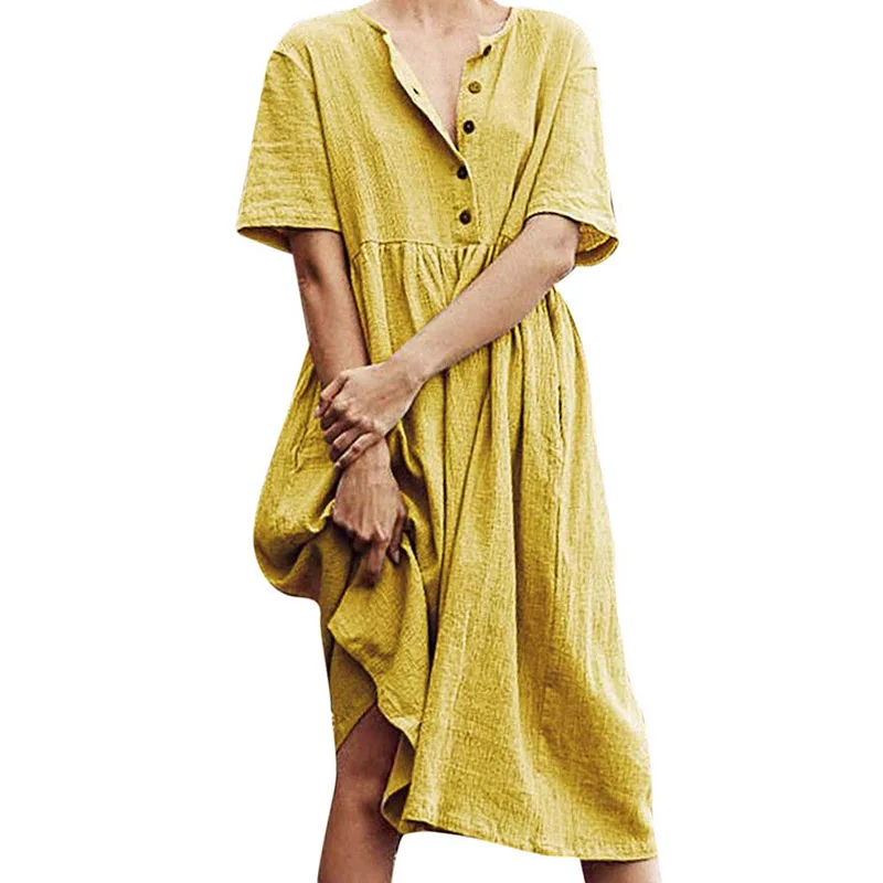 Женское летнее платье с коротким рукавом из хлопка и льна на пуговицах плюс