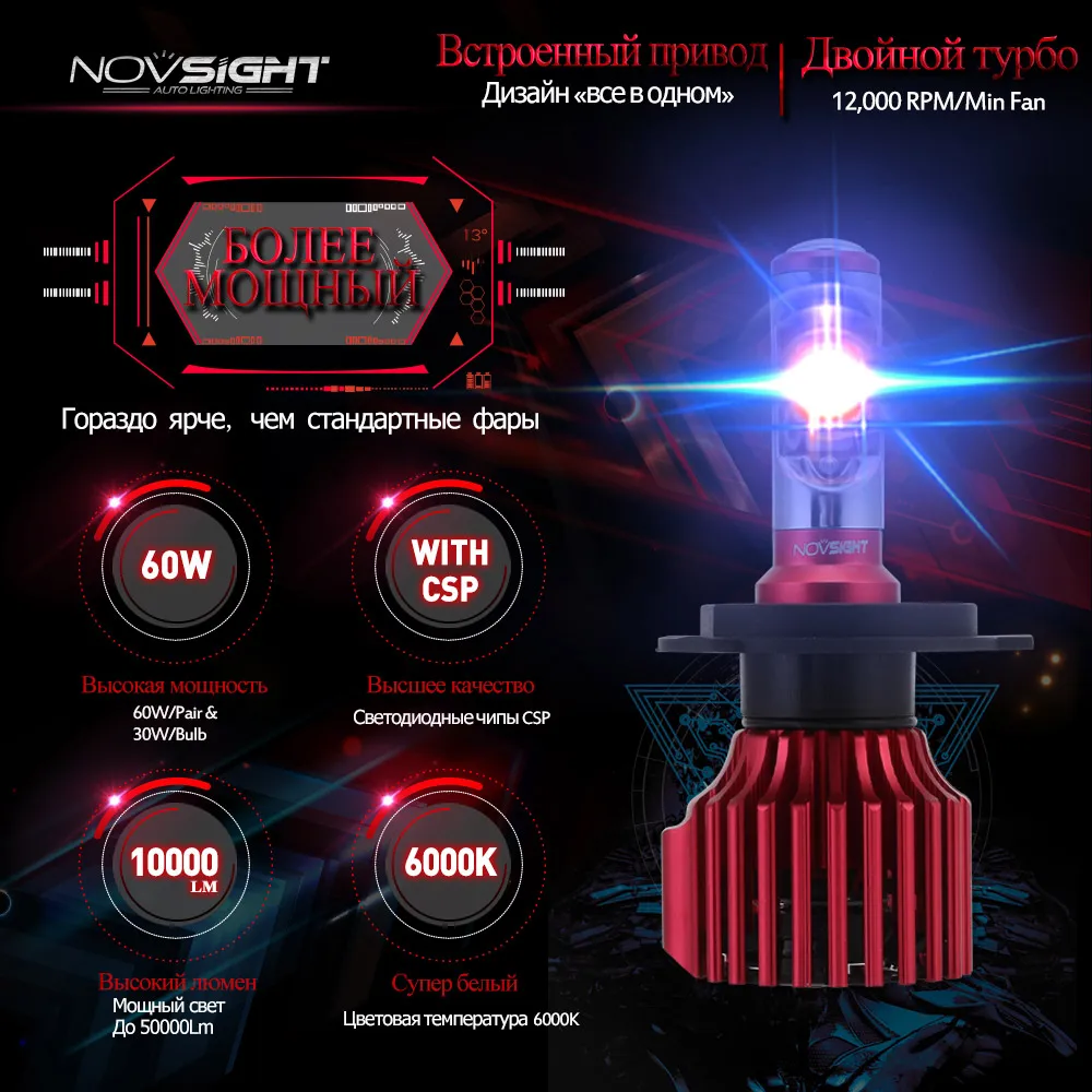 NOVSIGHT 2 шт. светодиодный фар автомобиля лампы Комплект H4 H7 свет H11 9005 HB3 9006 HB4 10000LM 6000 K