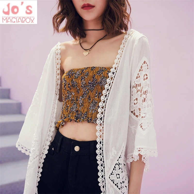 

Three Quarter Blusas Mujer Lace Camisa Feminina Floral Embroidery Chiffon Blouse Hollow Out Shirts Beach Shawl