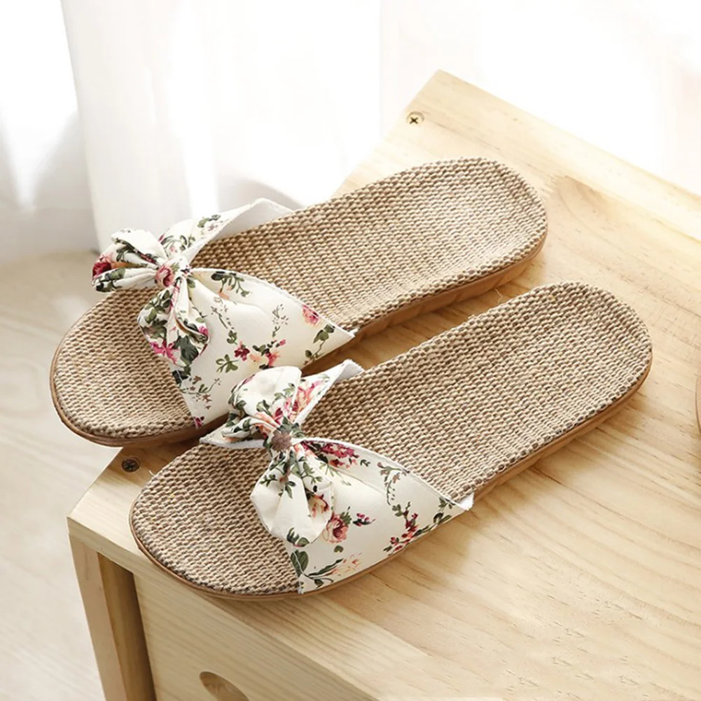 

New Women Summer Beach Flax Slippers Breathable Linen Cute Fashion Flip Flops Casual Floral Bow Indoor Outdoor Women'S Slippers