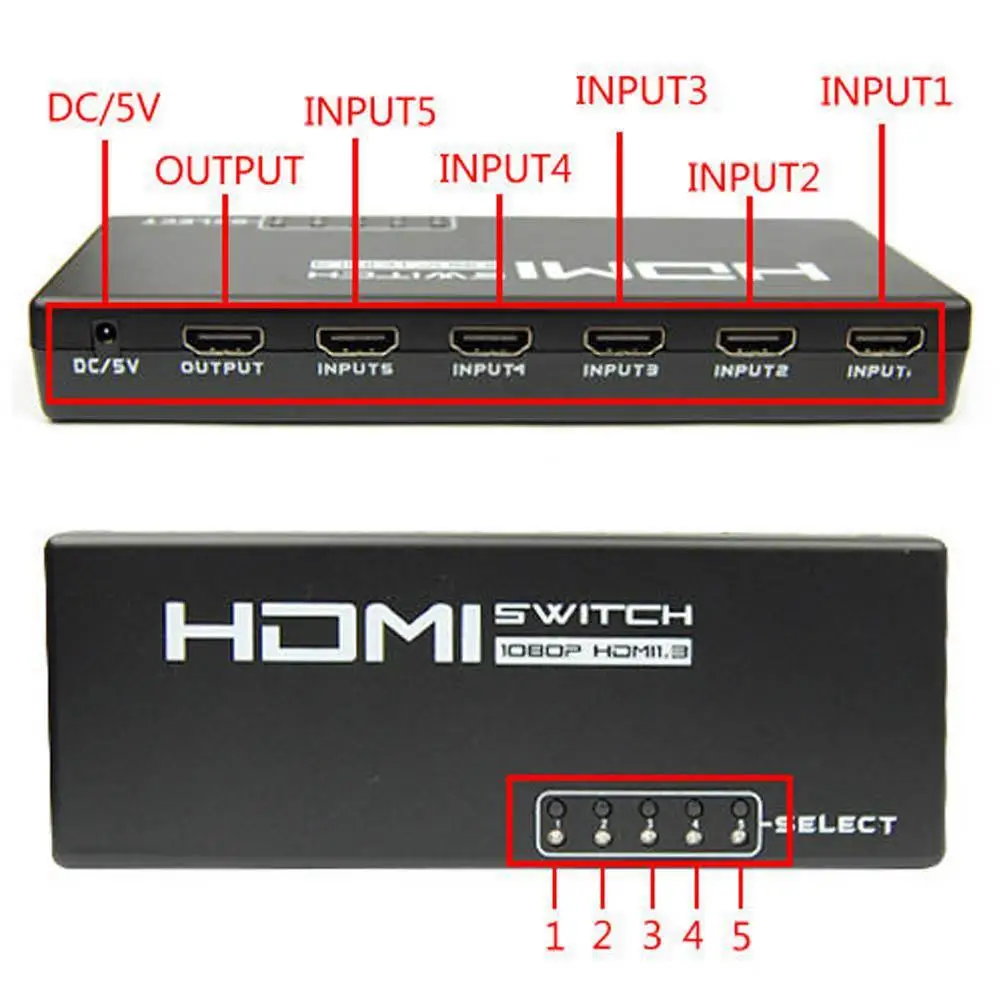 HDMI Switcher 5 Port 1080P Video Switch Splitter IR Remote For HDTV PS3 DVD 5-group Input 1-group Output |