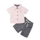 Детский джентльменский комплект одежды От 1 до 5 лет для маленьких мальчиков, розовый хлопковый топ в полоску с коротким рукавом, футболка и брюки, комплект одежды