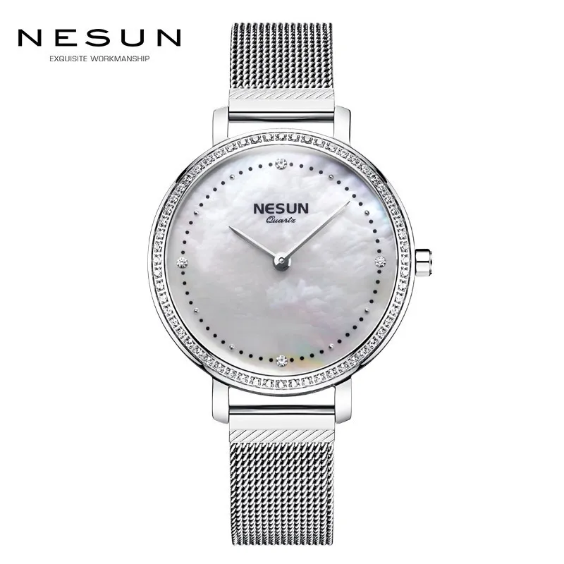Enlarge Switzerland NESUN Women's Watches Luxury Brand Japan Quartz Movement Pearl Steel Diamond 7MM Ultra-thin Waterproof Clock N8809-1