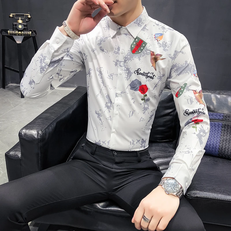 Повседневное Slim Fit Пром смокинг 2019 Весенняя рубашка для мужчин Фирменная Новинка