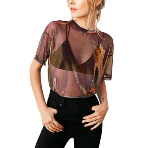 

Mesh Clothes See-Through Shiny Women's Ladies Tops Short SleeveT-Shirts Casual
