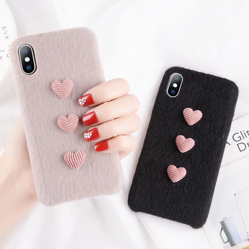 Moskado Plush 3D Love Heart Case For iPhone 6 6S 7 8 Plus X XR XS Max Winter Warm Fur Furry Soft PU Phone |