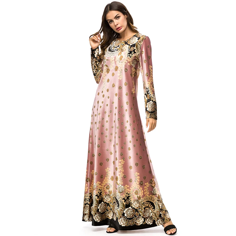 Women Autumn Winter Fashion Long Robe O-Neck Sleeve Print Flowers Dress Dubai Turkish Islamic Clothing | Женская одежда