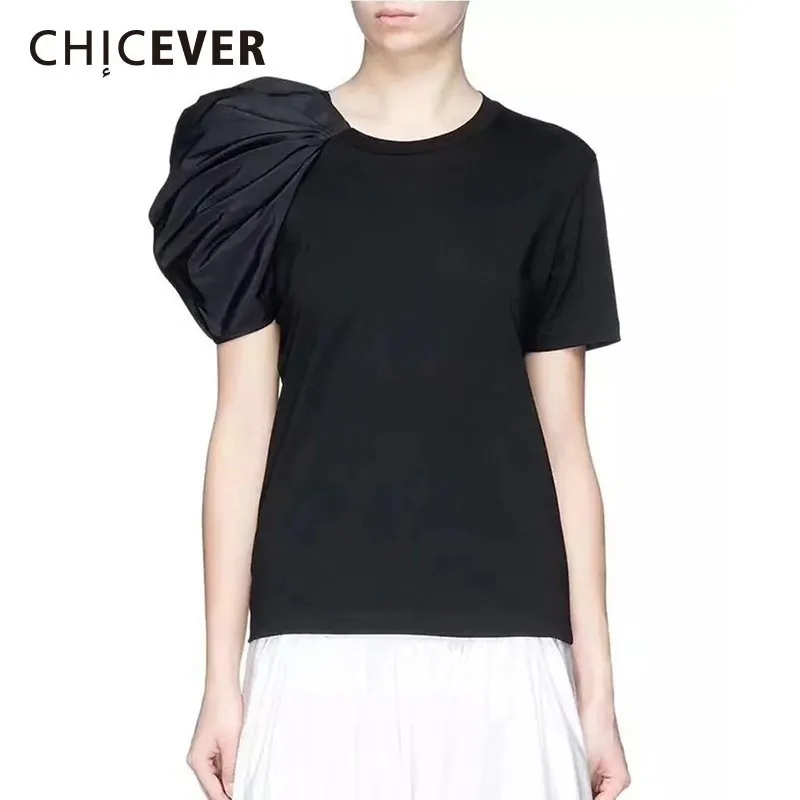 

CHICEVER Весенняя Повседневная Женская Асимметричная футболка с круглым вырезом и рукавом-бабочкой, свободный тонкий женский топ, модная новин...