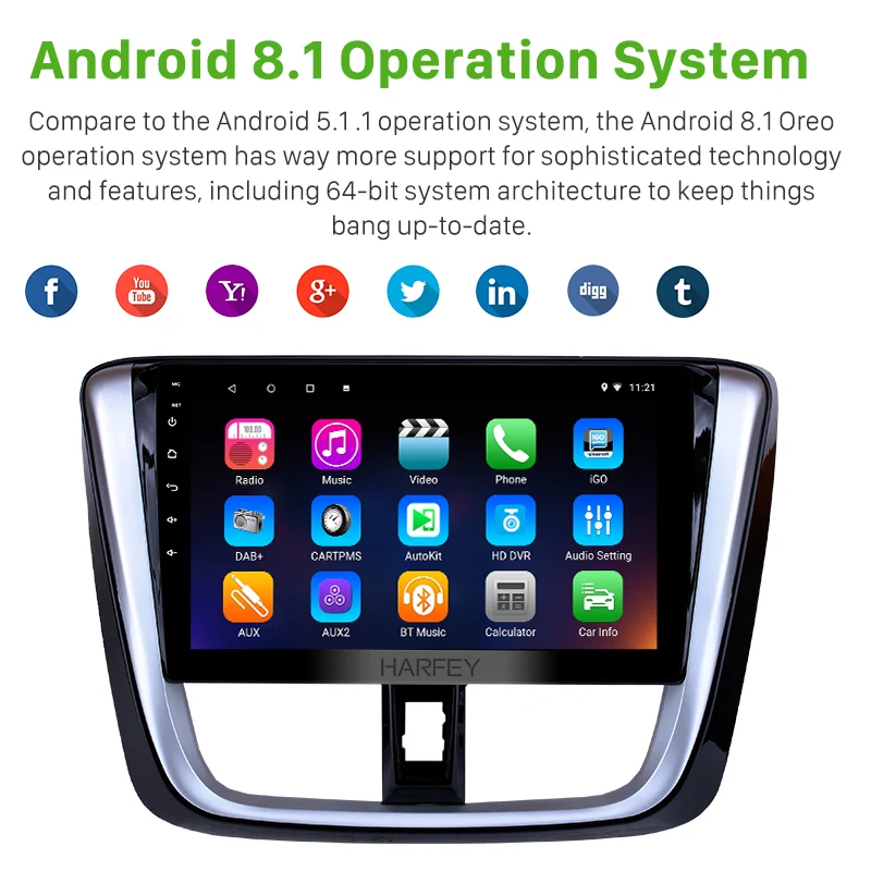 Автомагнитола Harfey 2 Din 10 1 дюйма HD Android 8 1/7 GPS для TOYOTA VIOS Yaris 2014 2015 2016 2017