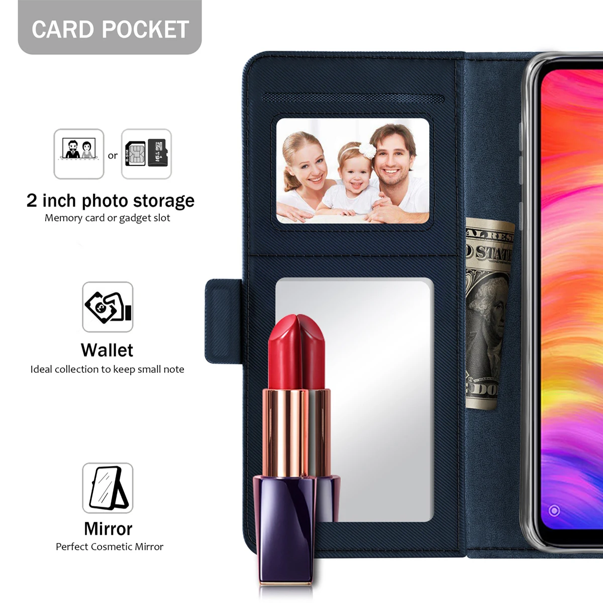 Чехол для Xiaomi Redmi Note 7 из искусственной кожи держатель карт зеркальная подставка