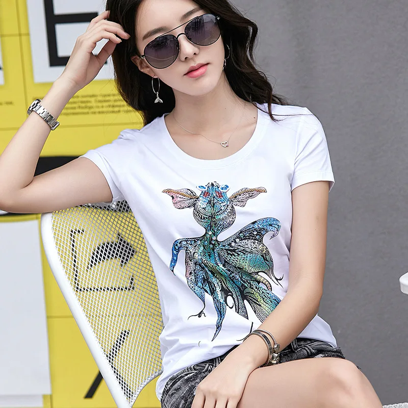 

BabYoung Summer Tops Women T-shirt Goldfish Pattern T Shirt Cotton Short Sleeve Harajuku Tshirt Ladies Sequin Tee Shirts Femme