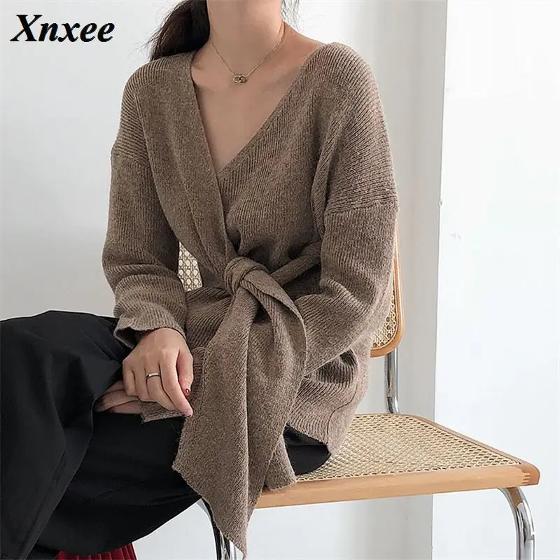 

Women's Sweater Korean Size Lace Up Women Sweaters Solid Irregular Suter Mujer V-neck Casual Knitted Sweater