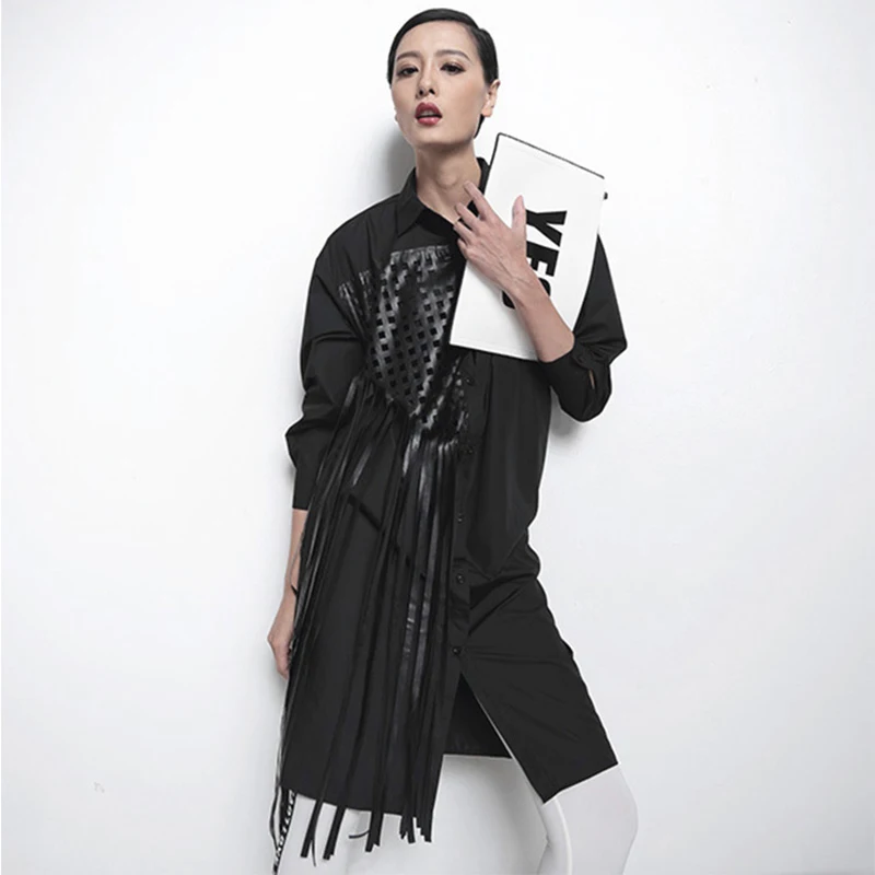 Twojstyle Patchwork Tassel Shirt Big Long sleeve large size CasuaL black Tops Loose Blouse Woman Fashion Korean clothing |