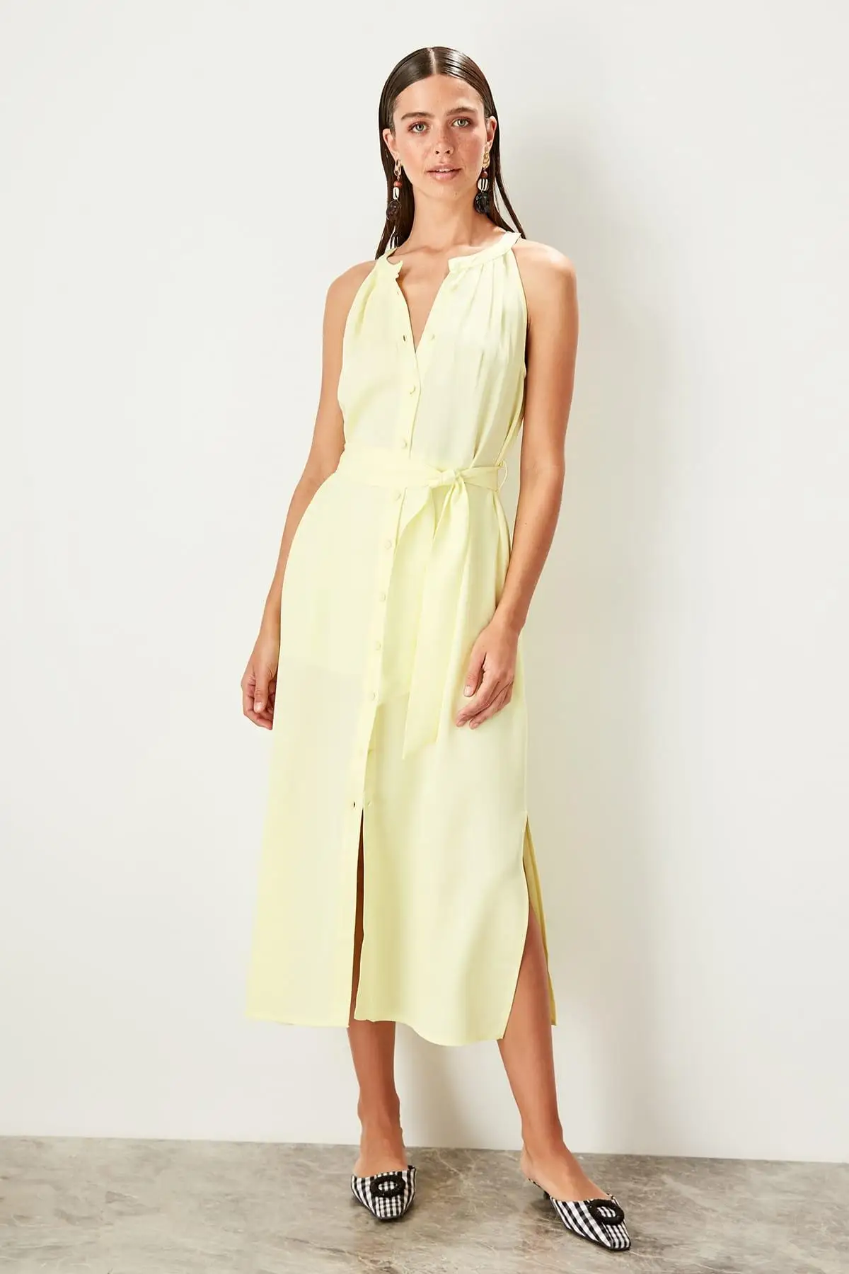 Trendyol желтое платье со шнуровкой TWOSS19XM0112|Женские платья| |