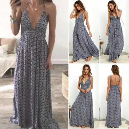 Летнее новое женское длинное платье макси в стиле бохо с открытой спиной